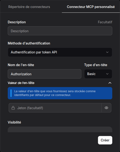 Mistral : méthode d'authentification par token API, type d'en-tête Basic, champ Jeton