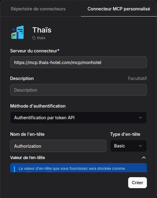 Formulaire Mistral : titre du connecteur et serveur du connecteur